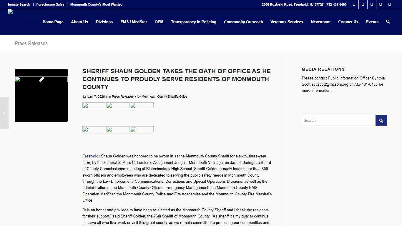 SHERIFF SHAUN GOLDEN TAKES THE OATH OF OFFICE AS HE CONTINUES TO PROUDLY SERVE RESIDENTS OF MONMOUTH COUNTY – Monmouth County Sheriff's Office